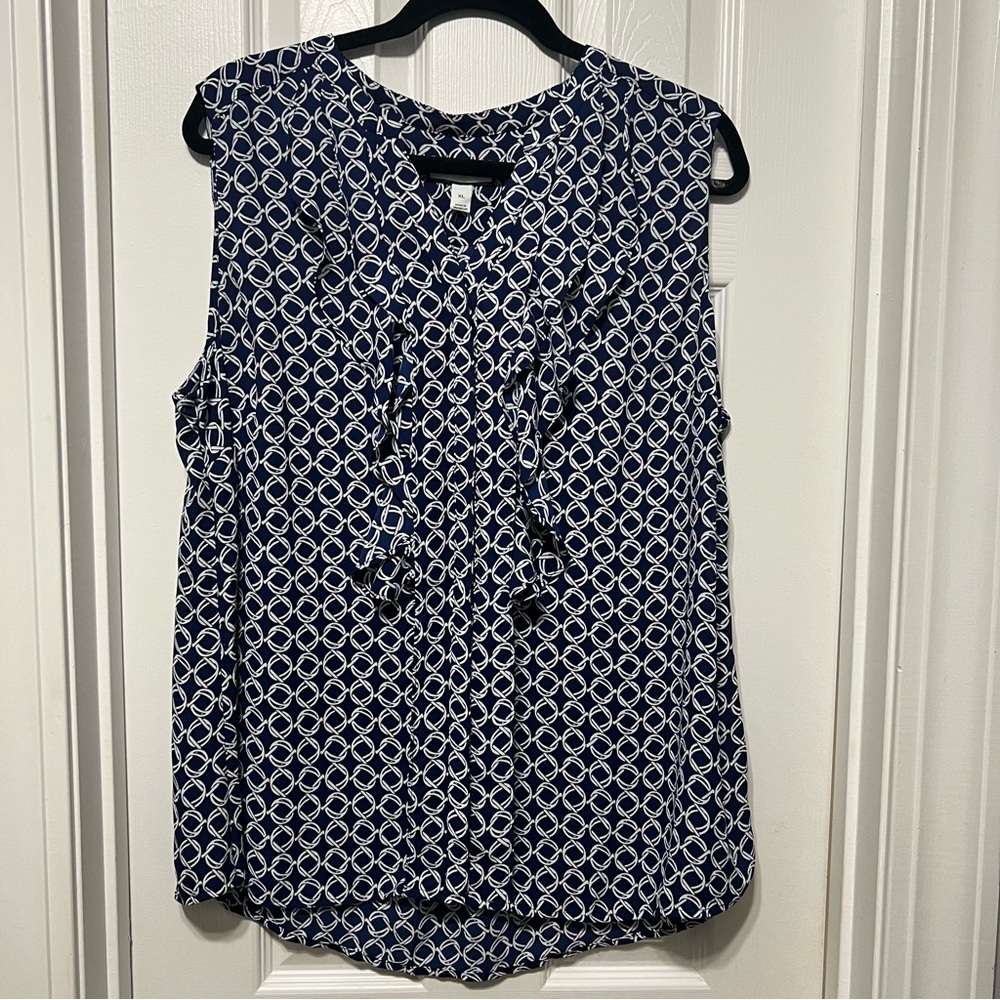 Charter Club Navy & White Geometric Ruffle Button Down Top